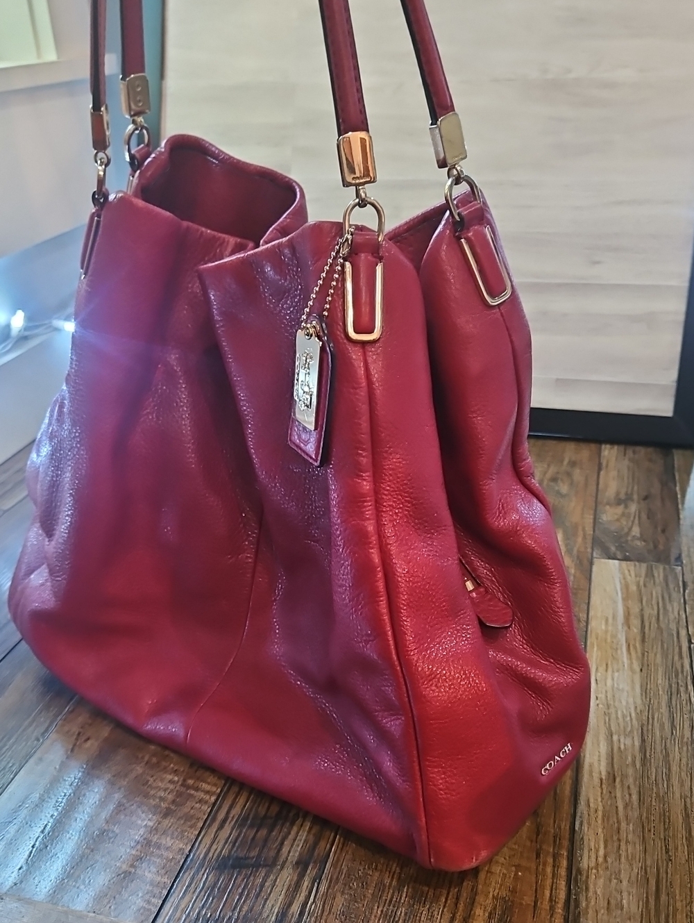 Coach Scarlet Red Buttery Soft Pebbled Leather Hobo Bag / Tote Purse Handbag